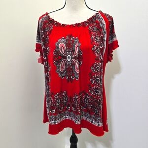 Madison Red Blouse with Intricate Black and White Pattern